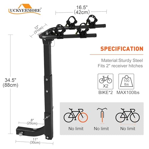 LUCKYERMORE Car Bike Rack Hitch Bike Rack for SUV with Adjustable＆Foldable Steel Frame, Bike Racks for 2 Bikes Bike Carrier Hitch Mount with 2-inch Receiver - Thumbnail 7