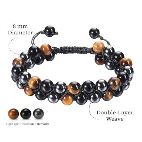 Triple Protection Bracelet I Natural Tiger Eye, Black Obsidian & Hematite Healing Crystal I 8mm Adjustable Gemstone Beads for Men & Women I2
