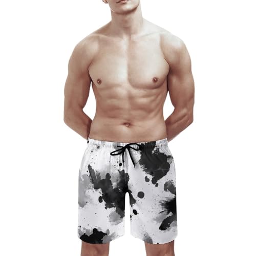 Tie-Dye Black and White Ink Jet Men's Swim Trunks Board Shorts Beachshorts Swimsuits with Pockets Mesh Liner2