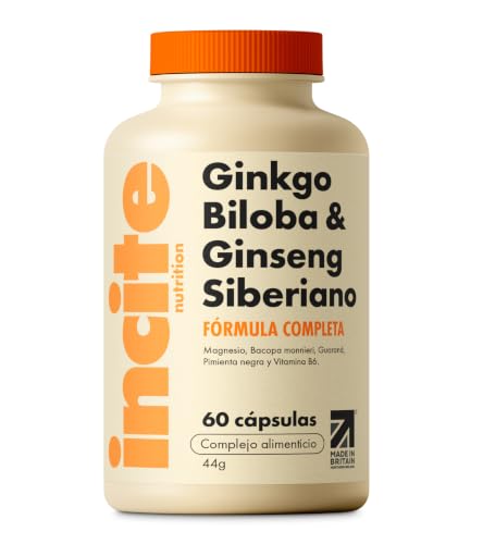 Incite Nutrition Complejo de Ginkgo Biloba + Ginseng Siberiano. 60 Cápsulas. Soporte Cognitivo, Refuerzo de la Energía y Potenciación del Foco. Nootrópico y Adaptógeno. Apto Vegetarianos y Veganos