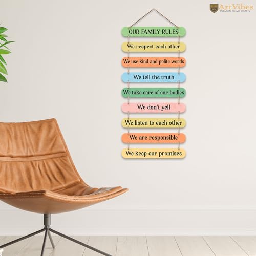 Artvibes Our Family Rules Quotes Printed Wooden Wall Hanging for Home Decor Items | Gifts | Living Room | Office | Wall Art For Hall | Modern Wall Decoration Accessories for Decoration (WH_9320N)