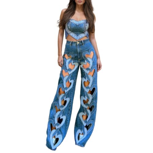 Women's Fashion Sexy Jeans Hollow Out Heart Ripped High Waisted Straight Leg Pants