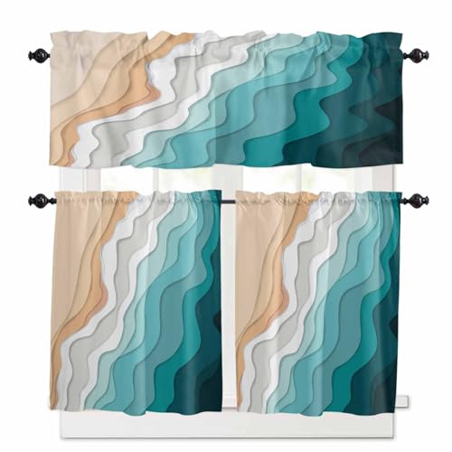 Turquoise Coastal Beach Kitchen Curtains 36 Inch Length, 3 Piece Rod Pocket Small Half Tiers and Valance Set, Modern Ombre Sea Waves Art Small Large Window Treatment Decor for Bedroom/Bathroom Sink