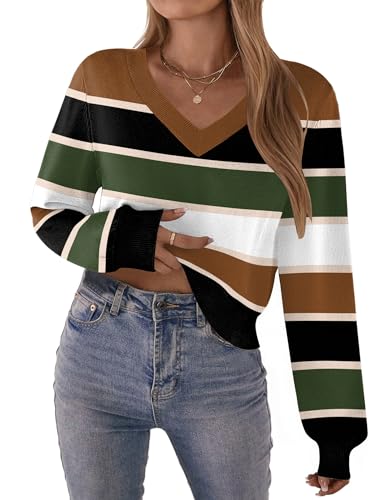 Zeagoo Women's 2025 Fall V-Neck Cropped Sweater Trendy Long Latern Sleeve Ribbed Knit Pullover Crop...