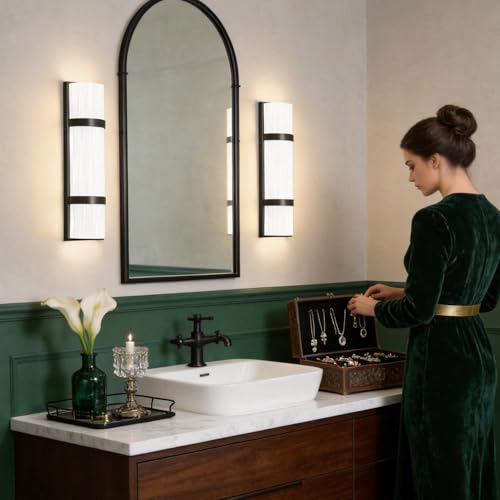 Image of LED Bathroom 16 Inch Vanity Lighting Fixtures | CRI 90 4000K Matte Black Wall Sconces Set of Two with White Frosted Glass Lamp Shade | 120V 15W 1200LM Dimmable with Dimmer Switch(not Included)