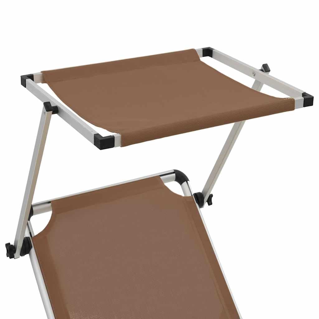 Leżak składany z ochroną przed słońcem, aluminium i tekstylen brązowy, 186 x 58 x 25,5 cm, leżak ogrodowy, leżanka na basen, na balkon, taras, do wellness i wypoczynku na urlopie
