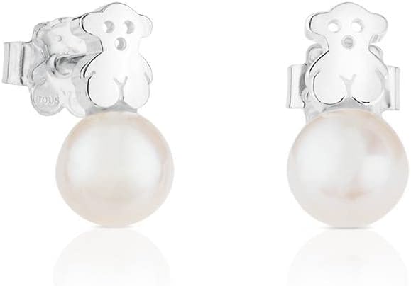TOUS Puppies - Earrings with Bear in Sterling Silver and Pearls, Push Back Closure - Pearls: 0.6 cm, Bear: 1 cm
