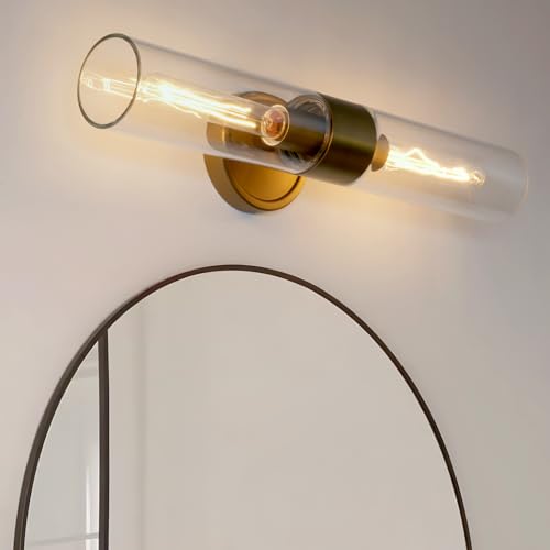 Image of Modern 2-Lights Wall Sconces Brass Gold Bathroom Light Fixtures with Handblown Clear Glass Hardwired Wall Sconce Light for Bathroom Mirror Bedroom Living Room Hallway