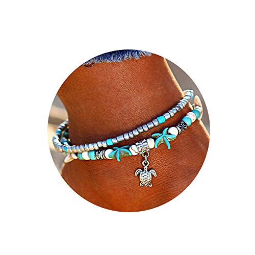 Image of Softones Blue Starfish Turtle Anklet Multilayer Charm Beads Sea Handmade Boho Anklet Foot Jewelry for Women