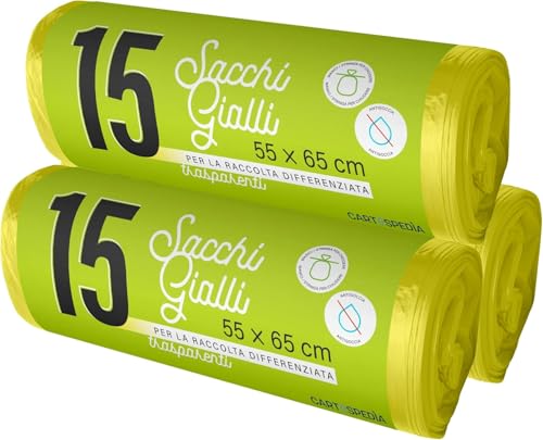 180 Sacchetti Spazzatura - BIODEGRADABILI- MISURA: 55x65 cm - con Manici | Sacchetti Immondizia da 40L, Trasparenti per Raccolta Differenziata | Buste Anti Umidità, Plastica Riciclata, Gialli