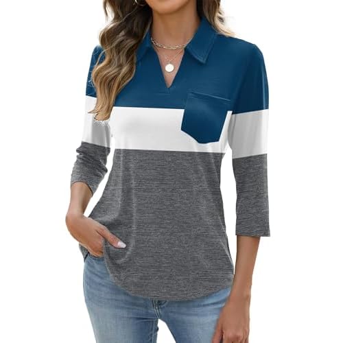 AKEWEI Womens 3/4 Length Sleeve Tops V Neck Casual Basic Tees Work Polo Shirts Collared Summer Top with Front Pocket