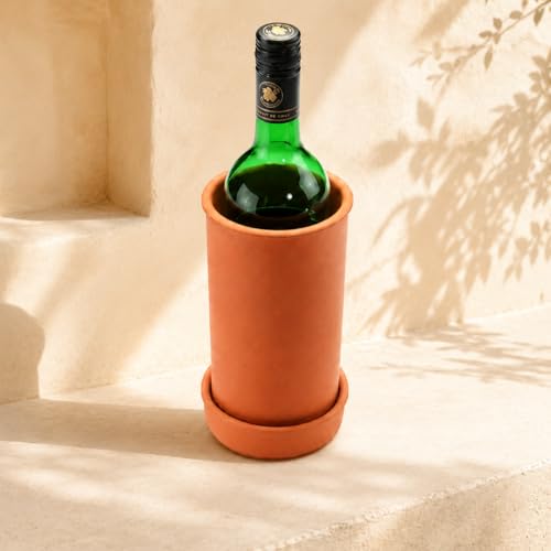 Weinkühler aus Ton/Keramik Natur mit Untersetzer Flaschenkühler für Wein Sekt & Getränke für 700 ml Flaschen 13 × 17 cm