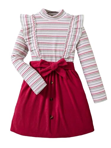 Image of Floerns Girls 2 Piece Outfit Ruffle Trim Long Sleeve T Shirt and Short Skirt Set