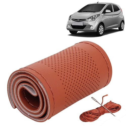 Image of KINGSWAY PU Leatherite Car Steering Cover Sewable Compatible with Hyundai Eon (Year 2011-2019), Tan Color with Tan Thread, Pack of 1 with Sewing Needle and Thread