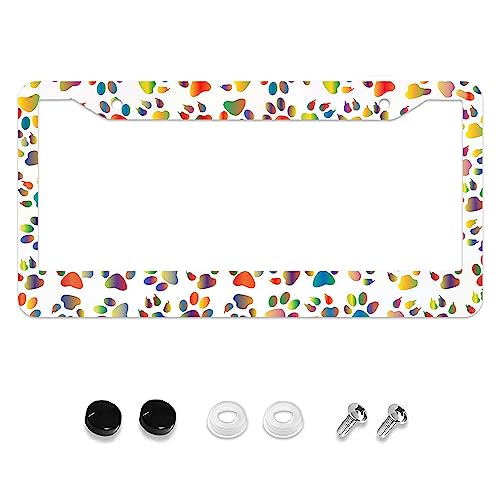 Rainbow Paw Print License Plate Frame Funny Cat Dog Paw Print License Plate Frames Cute License Plate Holder Aluminum Front Car Tag Frame Cover for Women Men 2 Holes () - HUIXIA DSC-31