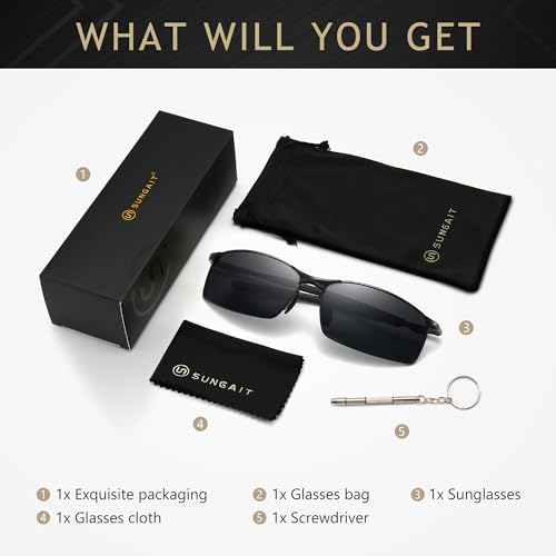 Image of SUNGAIT Ultra-Lightweight Polarized Sunglasses Men for Driving Fishing Golf, Rectangular Metal Frame with Spring Hinge