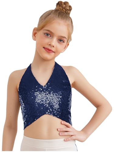 JEYPINMI Kids Girls Hip Hop Dance Crop Top Sparkly Sequin Sleeveless Halter Tank Top Vest Performance Dancewear