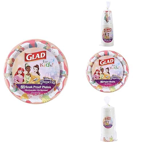 Glad for Kids Disney Princess Magic is in All of Us Bundle: Paper Plates (24 Ct, 8.5 Inch), Paper Cups (24 Ct, 9oz), Paper Bowls (24 Ct, 12oz), and Snack Bowls (32 Ct, 6oz)