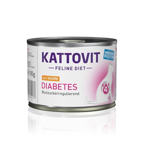 KATTOVIT - Diabetes Nassfutter für Katzen | Diät-Katzenfutter als Alleinfuttermittel in der Dose für Katzen mit Diabetes. Blutzuckerregulierendes Katzendiätfutter | 12 x 185 g Huhn