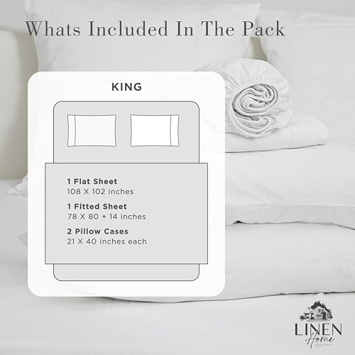 Image of Linen Home Washed Cotton Percale King Sheet Set, White, Preshrunk, 4 Pieces Sets - 1 Flat, 1 Deep Pocket Fitted Sheet & 2 Envelope Closure Pillowcases, Soft, Cool and Comfortable Bed Linen