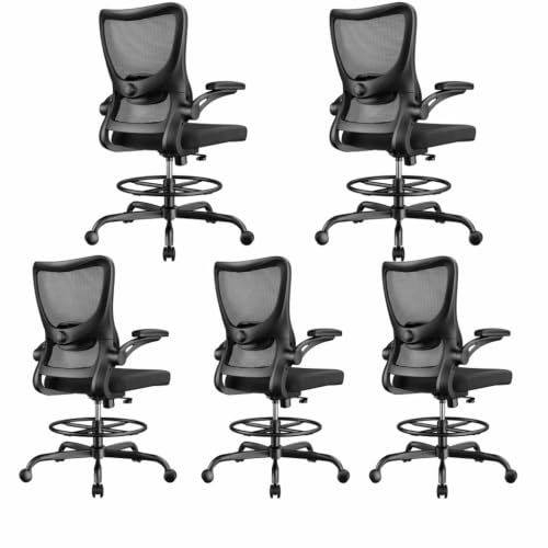 Image of Marsail Drafting Chair, Tall Office Chair with 2D Lumbar Support, Standing Desk Chair with Padded Flip-Up Armrests & Adjustable Footrest Ring, Black,Pack of 5