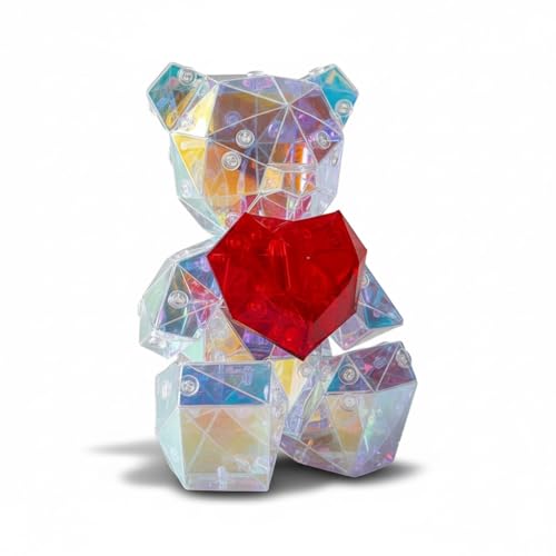 GMM Ours décoratif avec cœur rouge et lumières LED réglables, ours lumineux comme cristal irisé, idée cadeau, décoration de la Saint-Valentin 15 cm