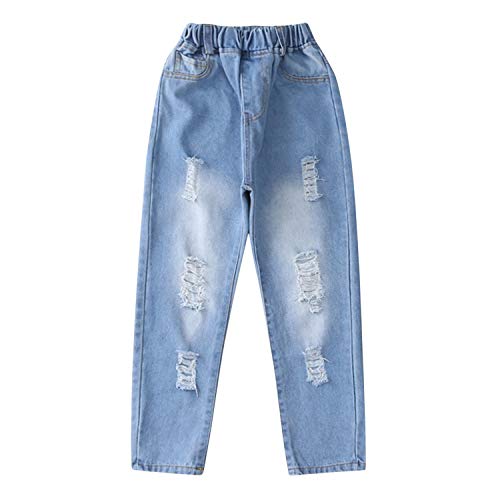 Evelin LEE Kids Girls Elastic Waist Ripped Holes Denim Pants Casual Distressed Jeans with Pockets2