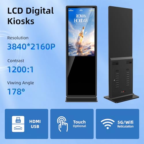 65 Inch 4K Touchscreen Digital Signage Ultra HD Interactive Kiosk Advertising Screen Support HDMI Input Plug-and-Play Digital Kiosks for Hotels, Restaurants, and Large Events,Android System Black - Thumbnail 4