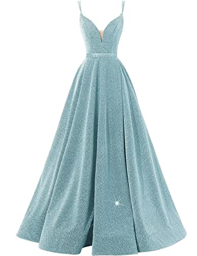 Image of Women's Glittery Spaghetti V-Neck Prom Dresses Long A Line Bridesmaid Dresses Side Split Formal Evening Gowns Light Green,US14