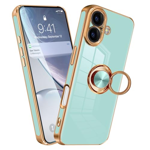 MiaoKeDa iPhone 16 ケース リング 耐衝撃 いphone16 リング付き スマホケース TPU 車載ホルダー ストラップホール付き メッキ加工 カバー ライトシアン