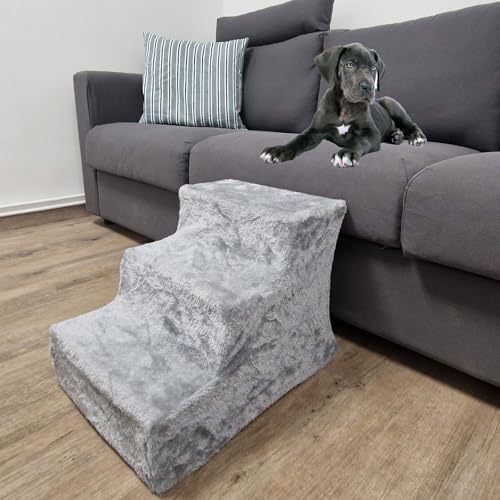 TRUTZHOLM Hundetreppe 3 Stufen Hunderampe für Bett und Sofa, Abnehmbarer, waschbarer Plüschbezug in Anthrazit robuste Hundetreppe Katzentreppe...