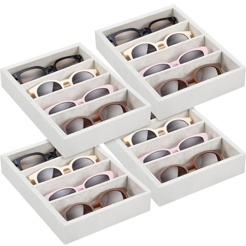 Amylove 4 Pcs Beige Sunglass Organizer Trays 4 Grids Velvet Glasses Holder Jewelry Display Organizer Eyeglasses Storage Box Drawer