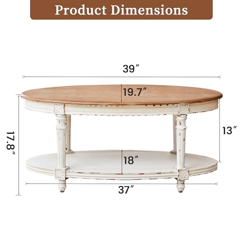 Farmhouse Oval Coffee Table 39 Inch, 2‑Tier Distressed Wood Center Table - Image 3