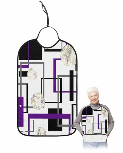 LEOKOTI Purple Geometric Adult Bibs for Eating, Waterproof Bibs with Food Catcher & Adjustable Snap Closure, Black Grey Modern Abstract Art Marble Washable Clothing Protectors Adult Bibs for Elderly