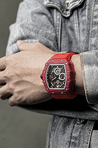 FANMIS Mens Luxury Tonneau Square Watches Analog Punk Chronograph Unique Sports Wrist Watch Japanese Movement Luminous Design with Rubber Band