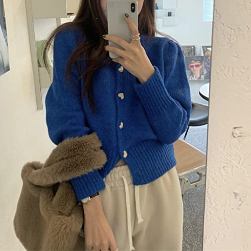 Walnut Sweet Puff Sleeve Knitted Cardigan Heart Shape Solid Sweater Blue O Neck Single Breasted Top (Color : Blue, Size : One Size) #TOP4