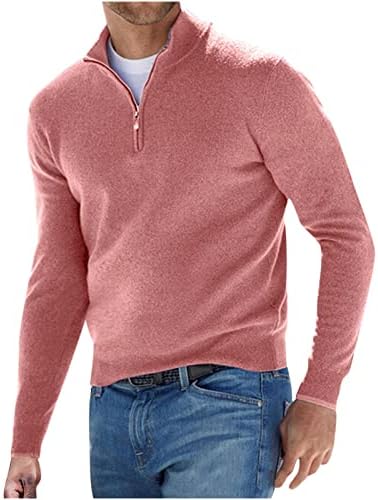 Men's Quarter Zip Pullover Premium Cashmere Long Sleeve Lightweight Mock Neck Shirt Tops Comfort Golf Running Sweatshirt Pink
