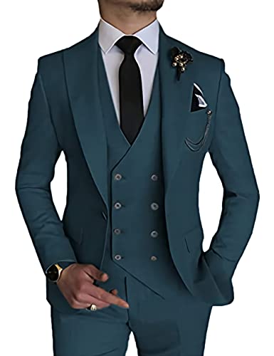 Wangyue Wedding Suits for Men Teal Blue Mens Double Breasted