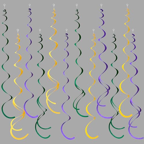 Image of 36 Pcs Green Yellow Purple Hanging Swirl Decorations Felt Swirl Streamer Spiral Ceiling Garland Banner for Mardi Gras Masquerade Theme Birthday Wedding Engagement Party Decor Supplies