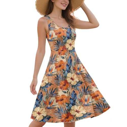 Image of Women Stylish Tank Dresses Sleeveless Round Neck Midi Casual Dress with Pocket for Summer