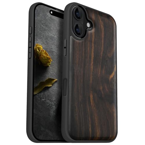 Image of Carveit Wood Case for iPhone 16 Plus, Natural Grain, Black | Magnetic iPhone 16 Plus Case Compatible with MagSafe Wireless Chargers, Engraved Wood with Soft TPU Shockproof Bumper