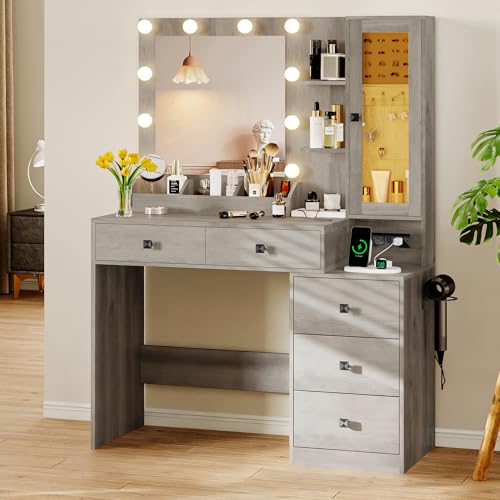 Image of Xixini Vanity Desk with Mirror and Lights, Makeup Vanity Table Set with 5 Storage Drawers, Power Outlet, Small Dressing Table with RGB Ambient Light, Adjustable Brightness for Girls Bedroom, Grey