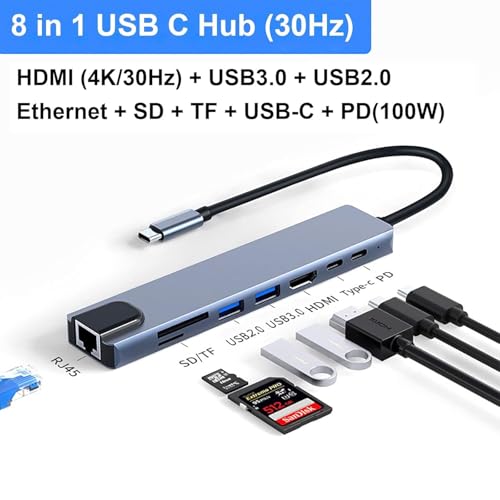 Image of USB C Hub - 8-in-1 USBC Adapter with USB, C-USB, 100W PD, USB 3.0 5Gbps Ports, SD /TF Card Reader - USB-C Dongle for Office, Meetings, Travel & Home Setup-Silver