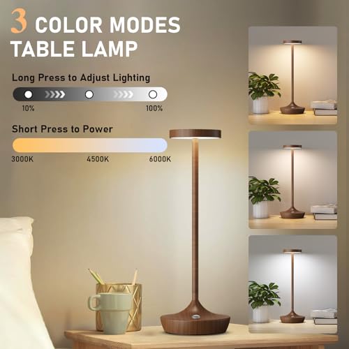 Image of Cordless Table Lamps Rechargeable，LED Portable Wireless Lamp, 6000mAh Battery Operated Touch Control, 3 Color Temperature Stepless Dimmable Night Light for Restaurants Outdoor (Light Woodgrain2)