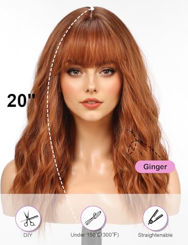 WOKESTAR Long Wig with Fringe Synthetic Wavy Wigs for Women Ginger Color, 22 inches - Image 3