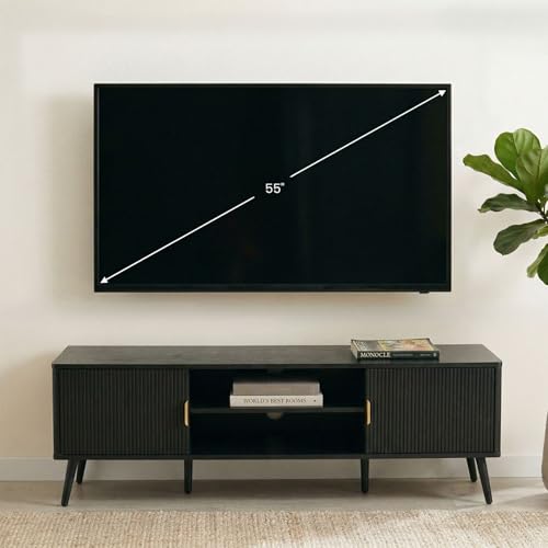 IDIMEX Meuble TV Alma L 137 cm avec 2 Portes et 2 Niches en Bois Noir Style Cannelé, Design Moderne et Façade Rainurée, Poignées en Métal, pour...