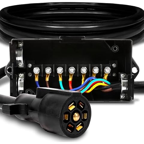 ONLINE LED STORE True Mods 8ft 7-Way Trailer Plug Wiring Harness w/ 7 Gang Trailer Junction Box [7-Pin Trailer Cord Wire Cable] [Waterproof] 7 Prong Trailer Wire/Cable Connection Box Cover