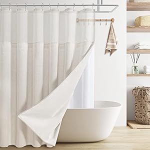BOODII Beige Linen Shower Curtain with Snap in Liner Set Heavy Duty Textured Farmhouse Rustic Double Shower Curtain with See Through Top Window Cream Bath Decor Burlap Vintage Country Style 72×72