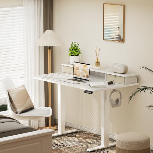 Image of Veken 47x28 in Electric Standing Desk with Drawers, Adjustable Table, White | Stand up Computer Desk for Home Office, Work & Study, with Storage, 3 Memory Presets, Cable Organizer, Hook, and Quiet Lift.