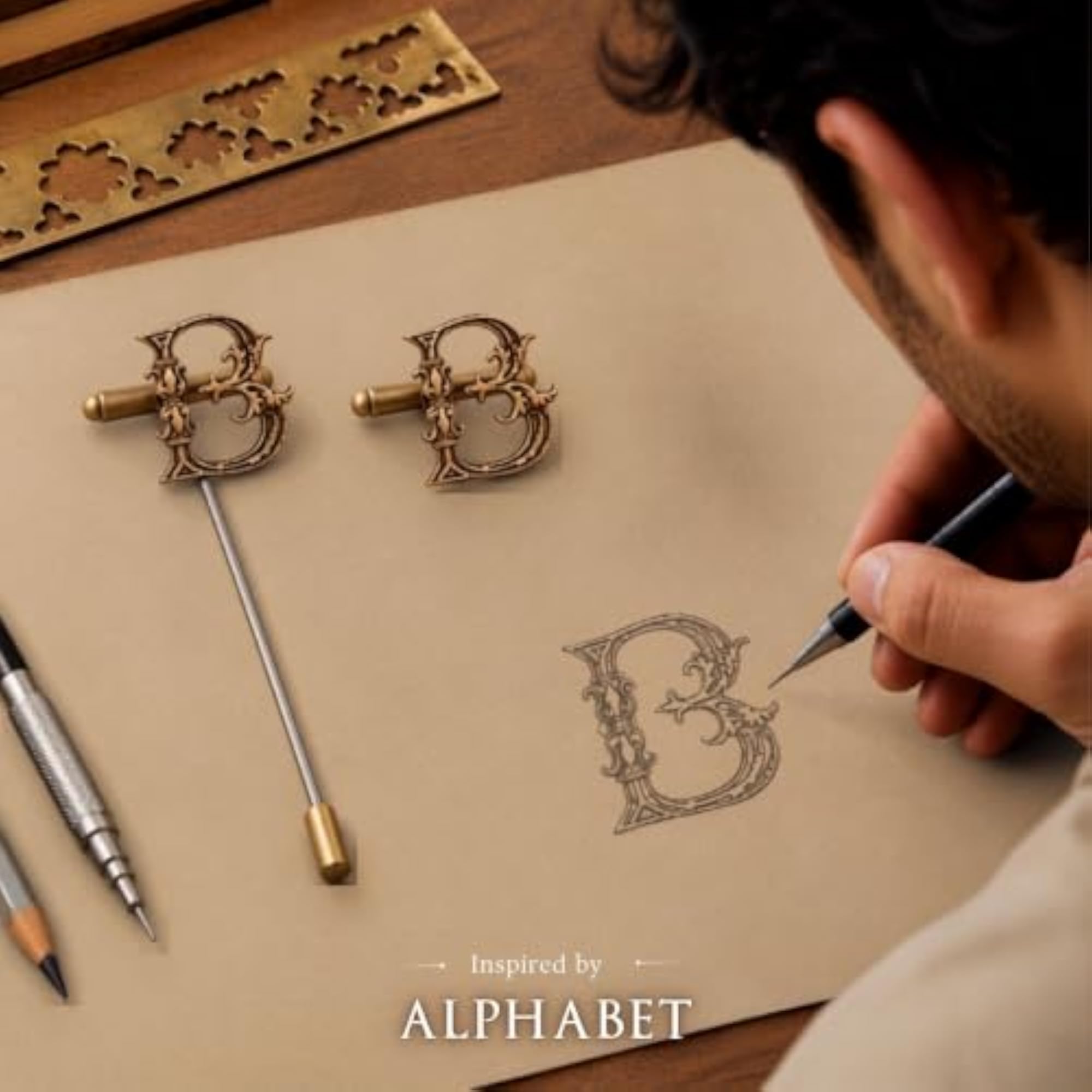 Antique Brass B Alphabet Cufflinks & Lapel Pin Combo Set